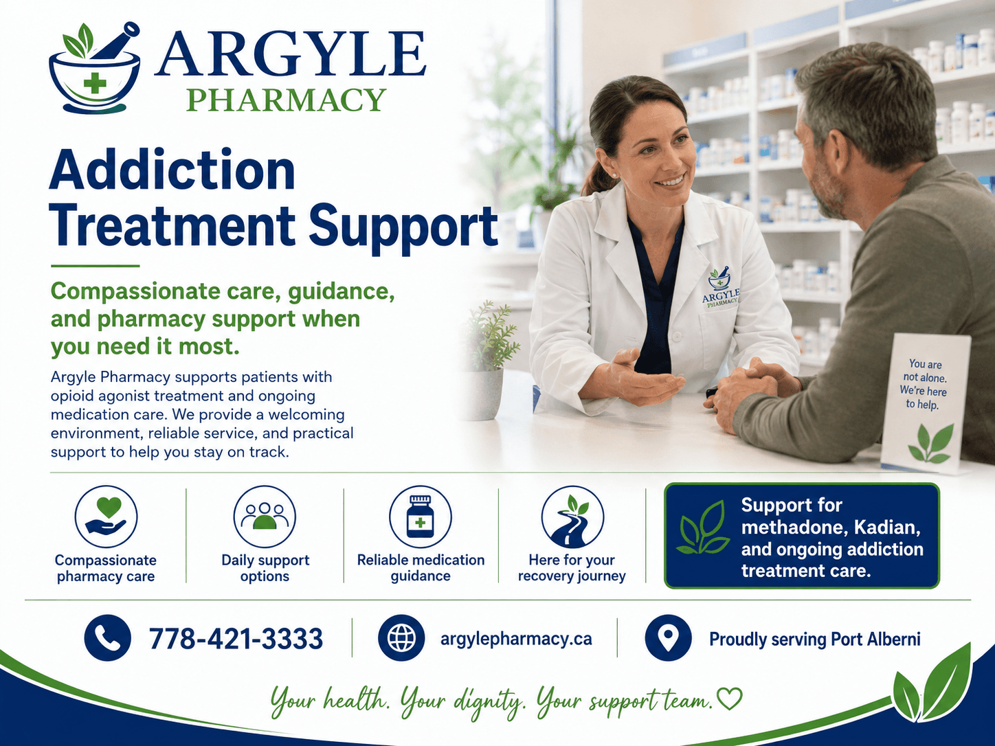Addiction treatment support at Argyle Pharmacy, Port Alberni — help finding a prescriber and sorting coverage