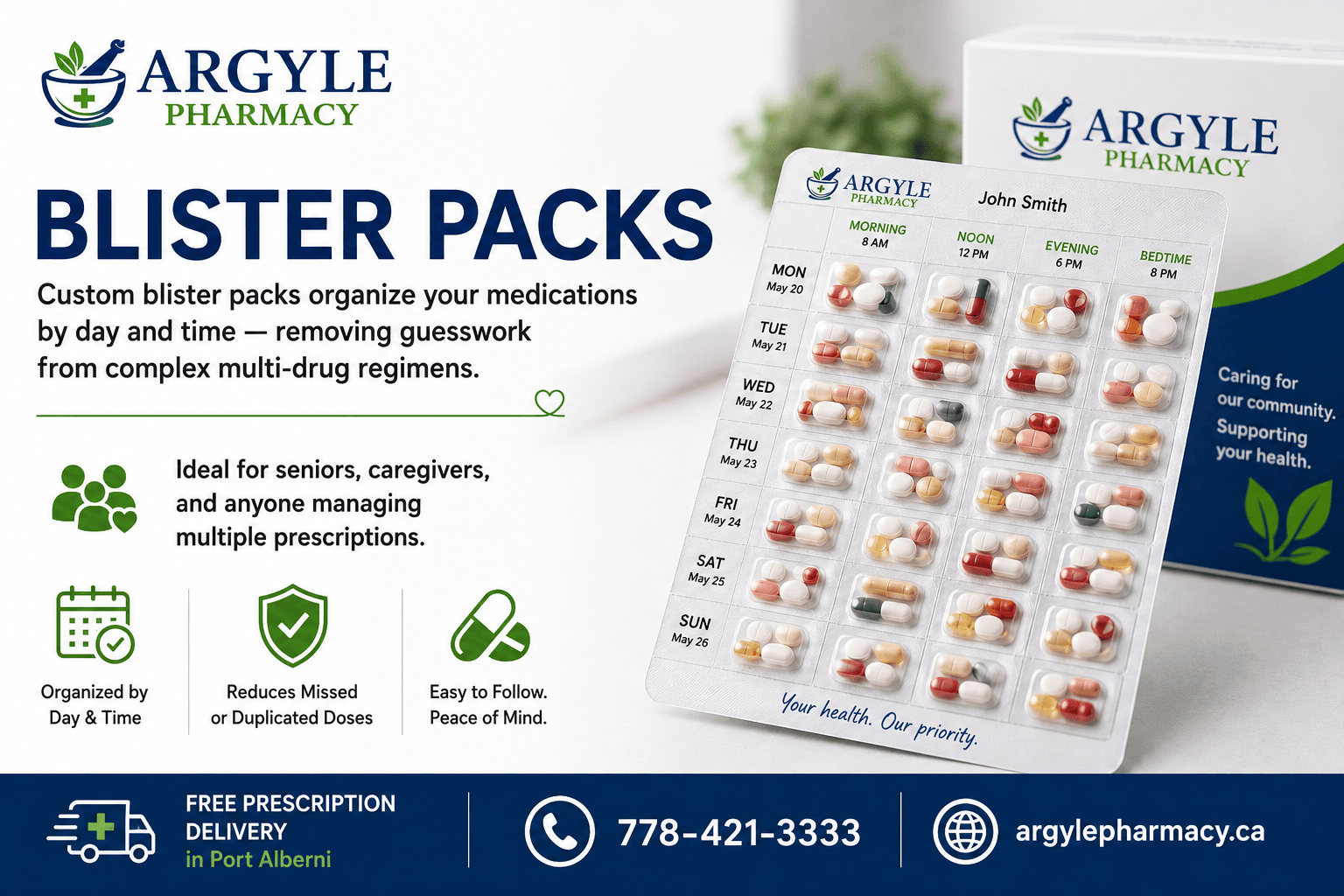 Blister packaging and compliance packs for seniors at Argyle Pharmacy, Port Alberni