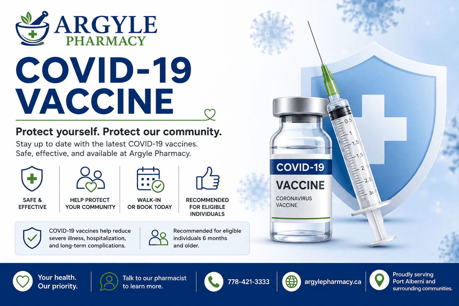 COVID-19 vaccines and boosters at Argyle Pharmacy, Port Alberni — covered by PharmaCare