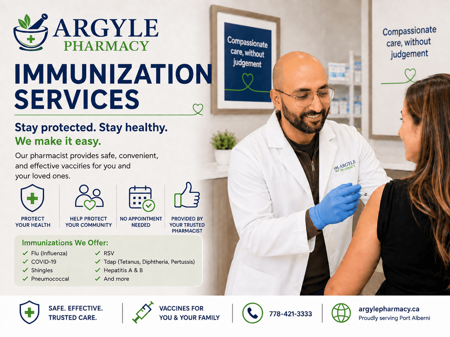Immunizations at Argyle Pharmacy, Port Alberni — shingles, pneumococcal, HPV and routine vaccines
