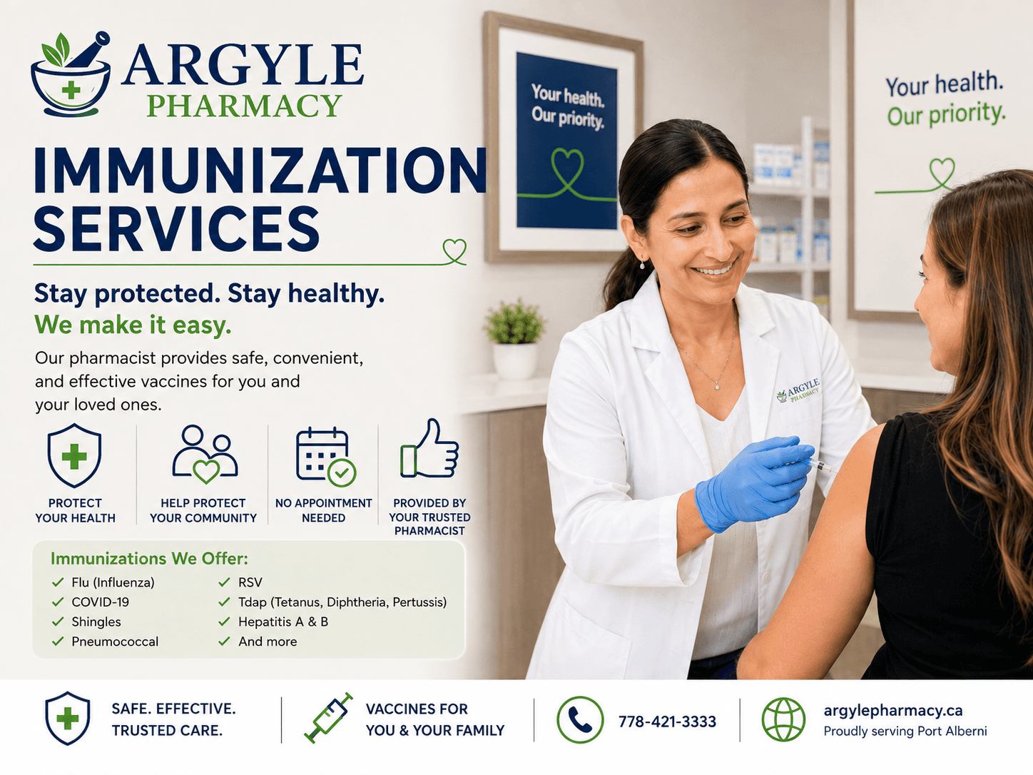 Immunizations at Argyle Pharmacy, Port Alberni — shingles, pneumococcal, HPV and routine vaccines