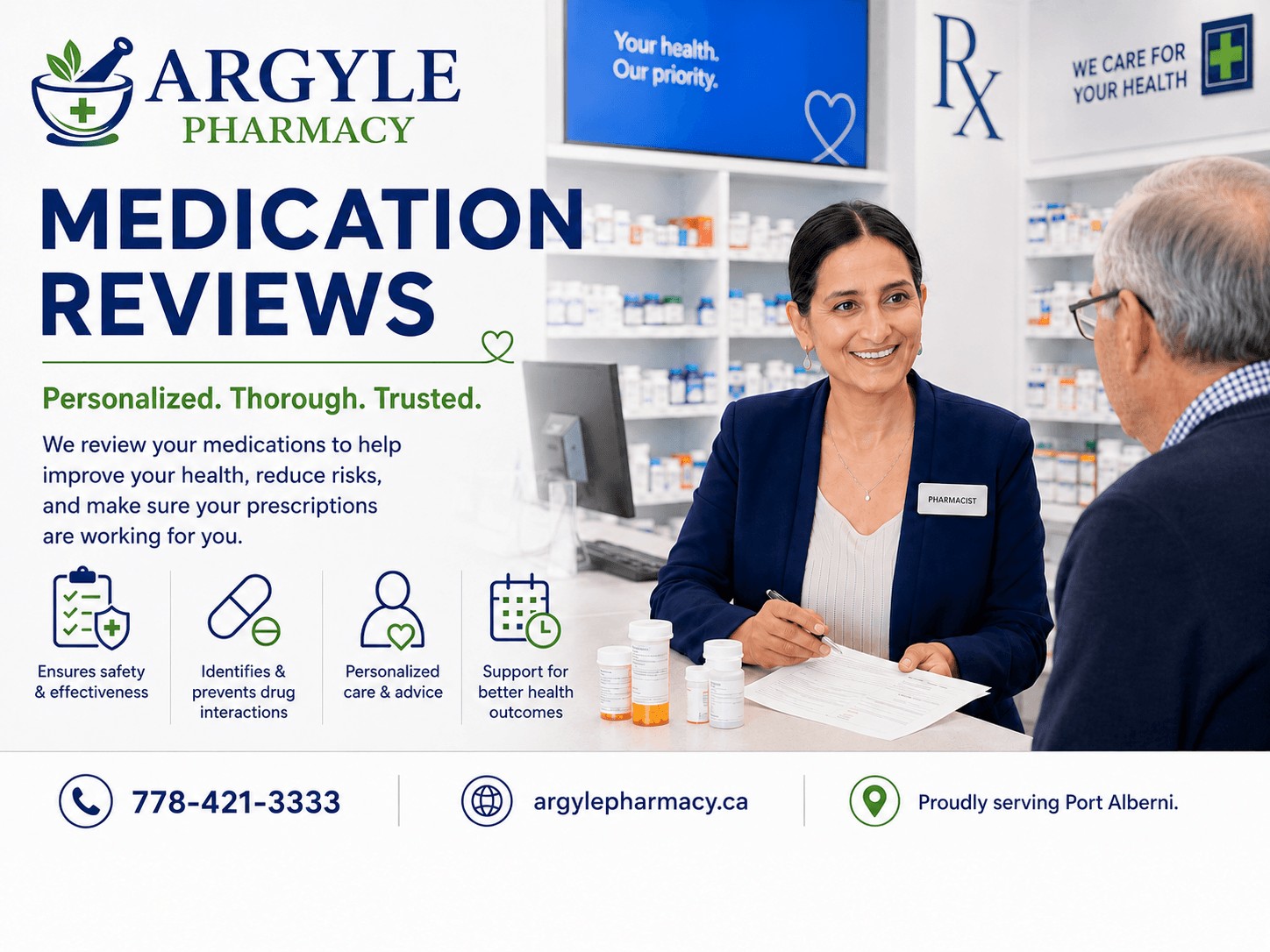 Free medication reviews with a pharmacist at Argyle Pharmacy, Port Alberni BC