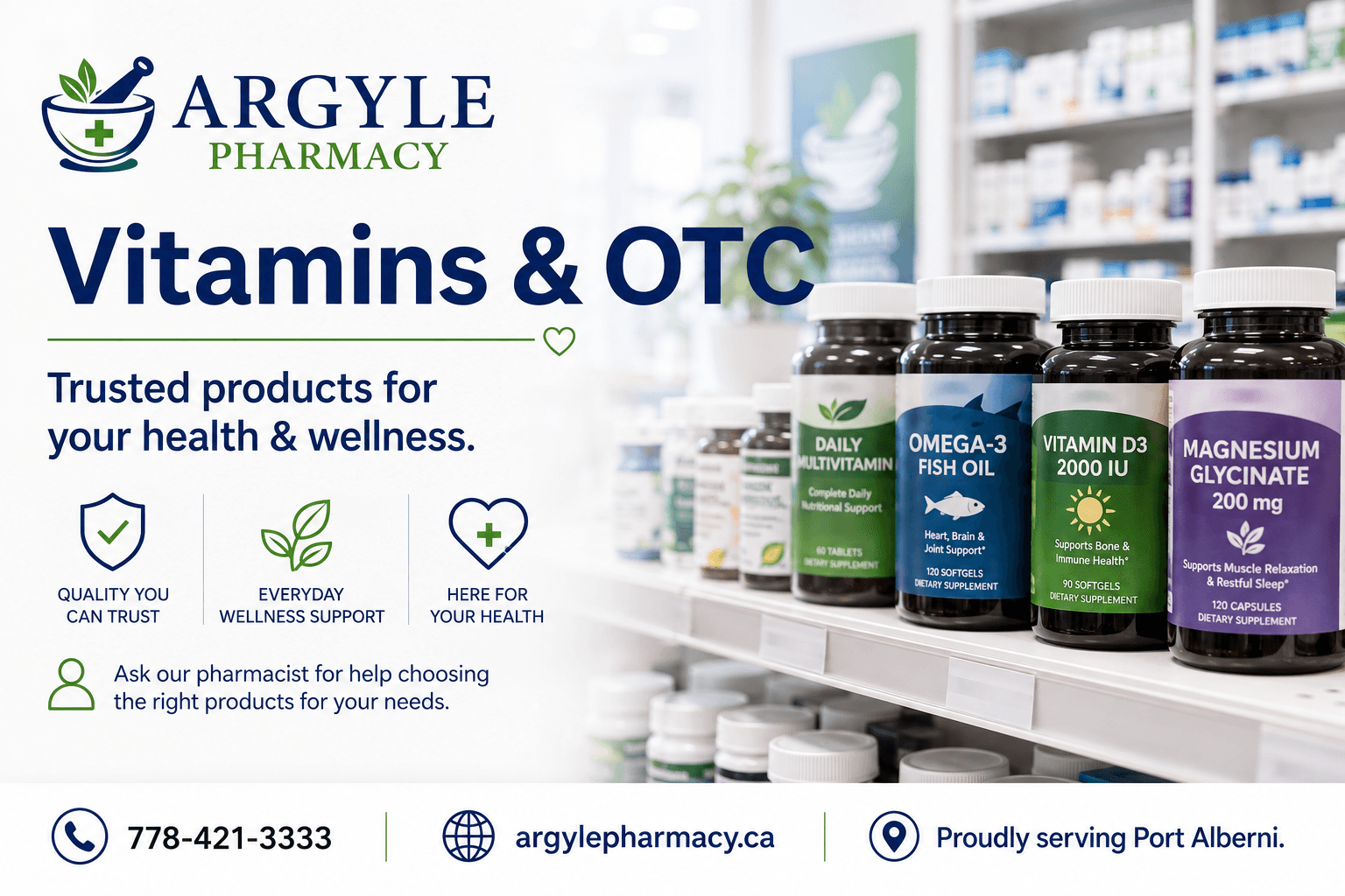 Vitamins and over-the-counter wellness products at Argyle Pharmacy, Port Alberni