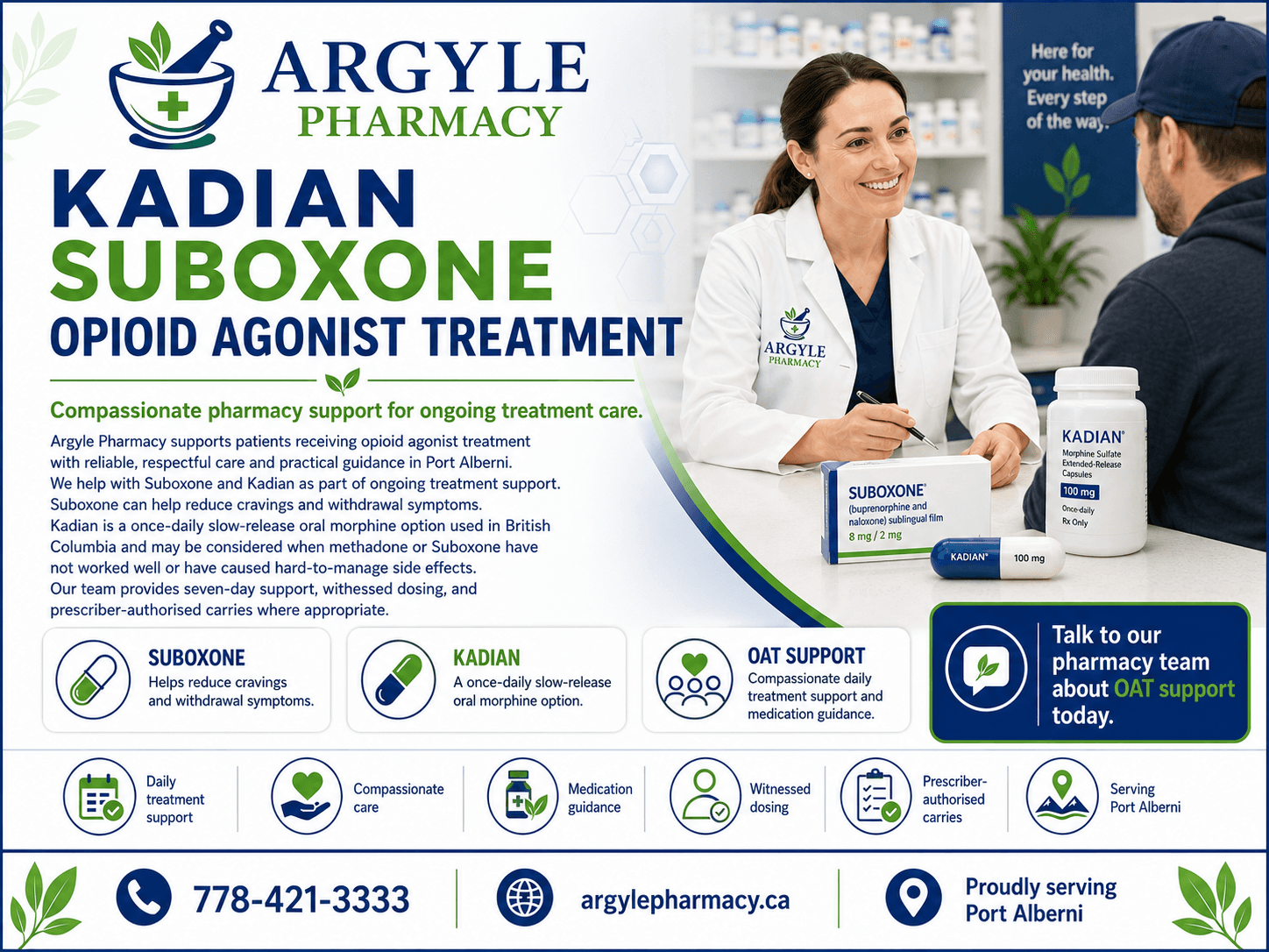 Kadian and Suboxone opioid agonist treatment at Argyle Pharmacy, Port Alberni — witnessed dosing seven days a week