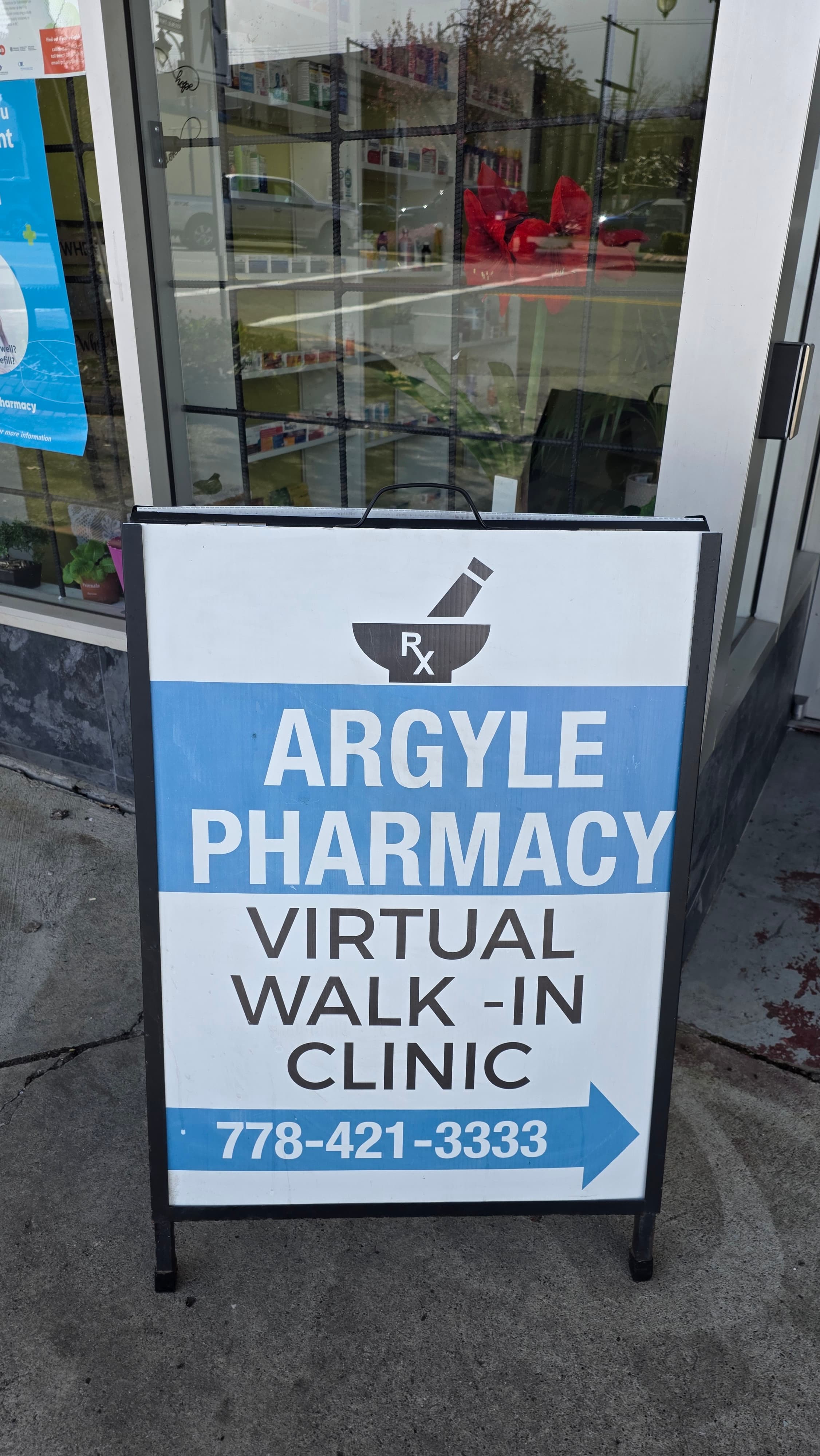 Argyle Pharmacy virtual walk-in clinic sign outside the pharmacy