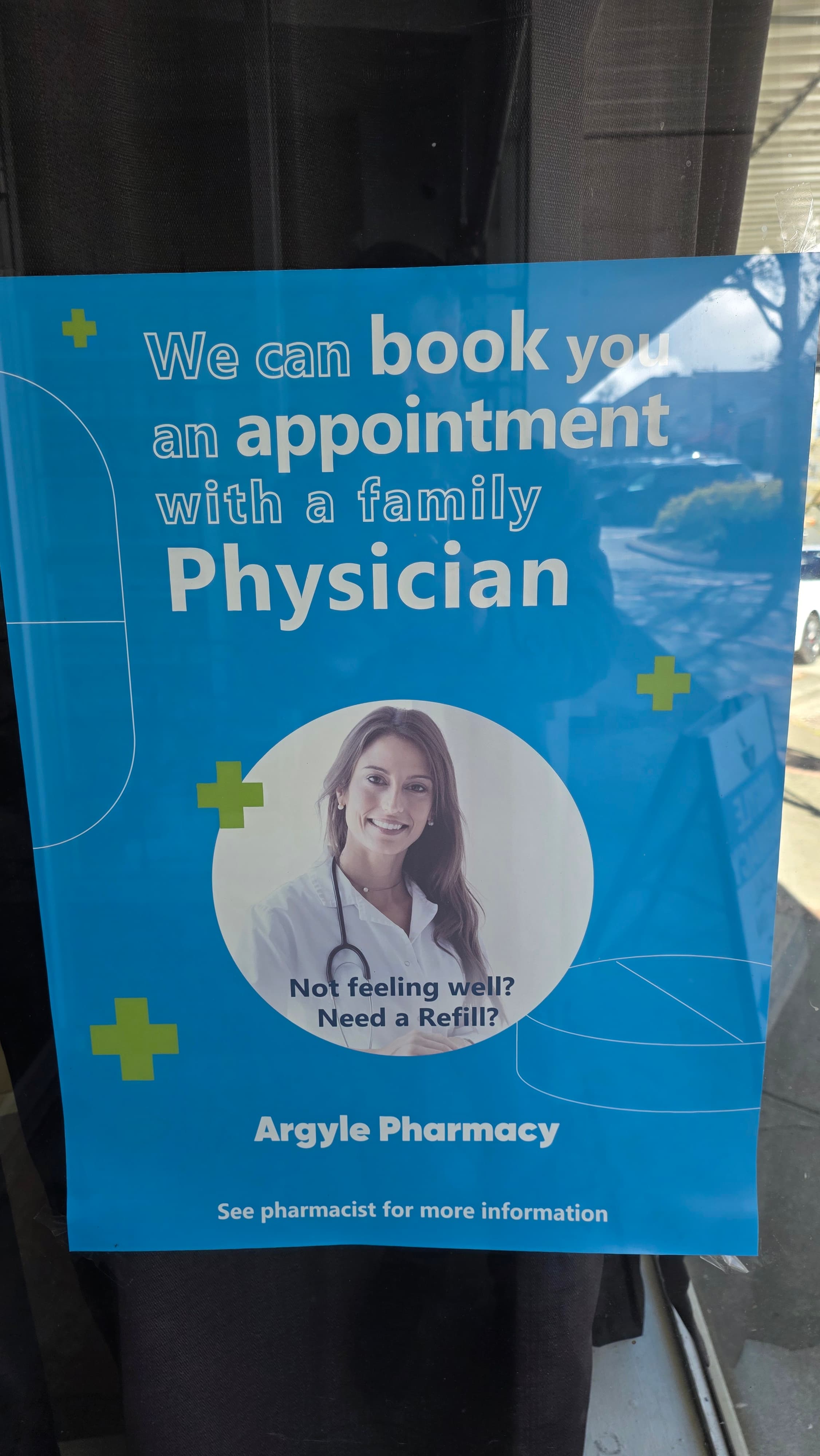 Window poster — we can book you an appointment with a family physician