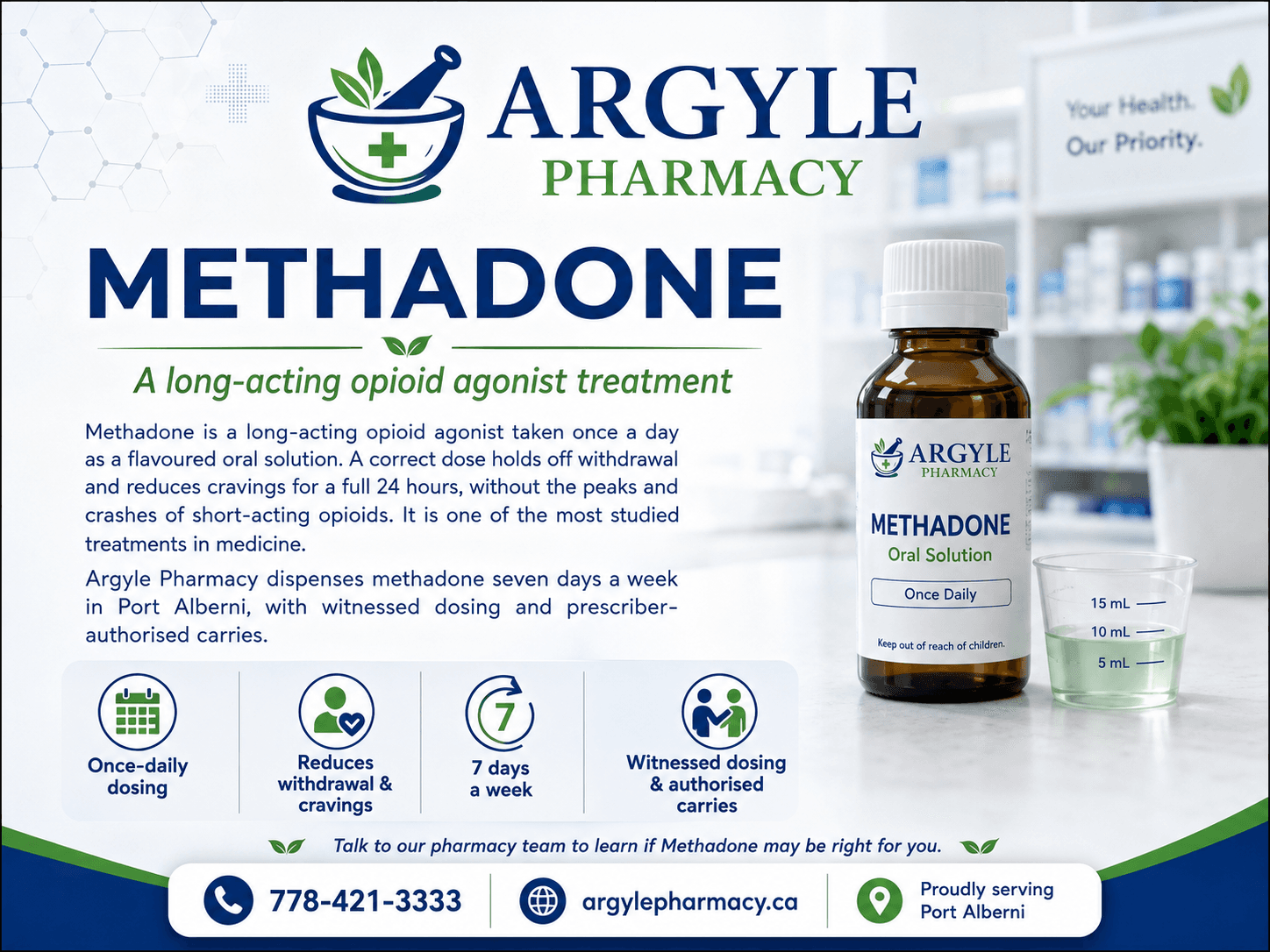 Methadone dispensing and witnessed dosing at Argyle Pharmacy, Port Alberni BC
