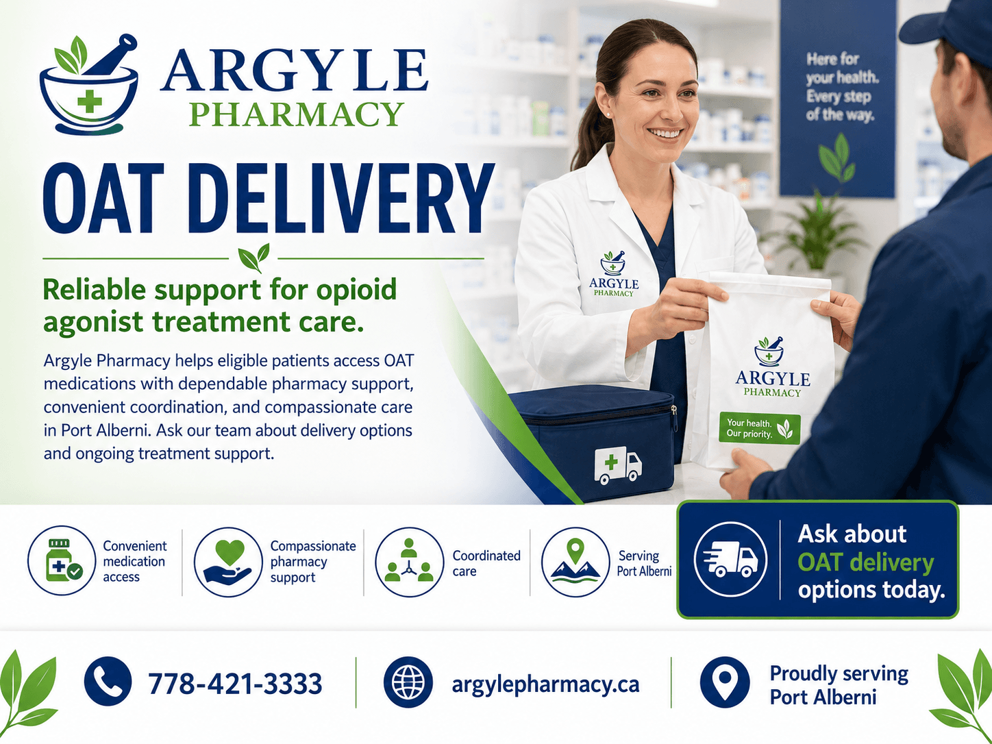 Free OAT delivery across Port Alberni and the Alberni Valley from Argyle Pharmacy
