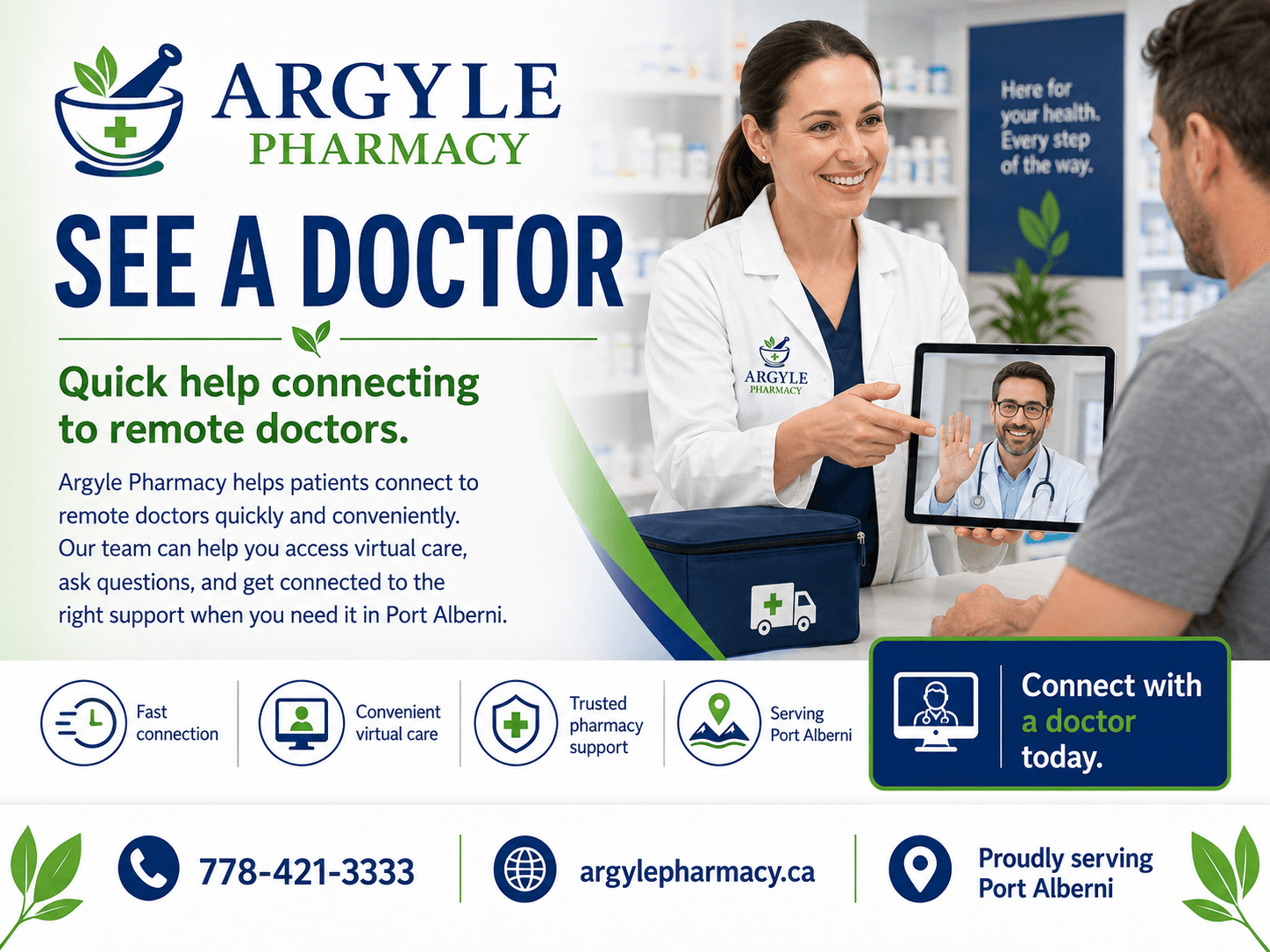 See a doctor by phone through Argyle Pharmacy in Port Alberni — often same day, no family doctor needed