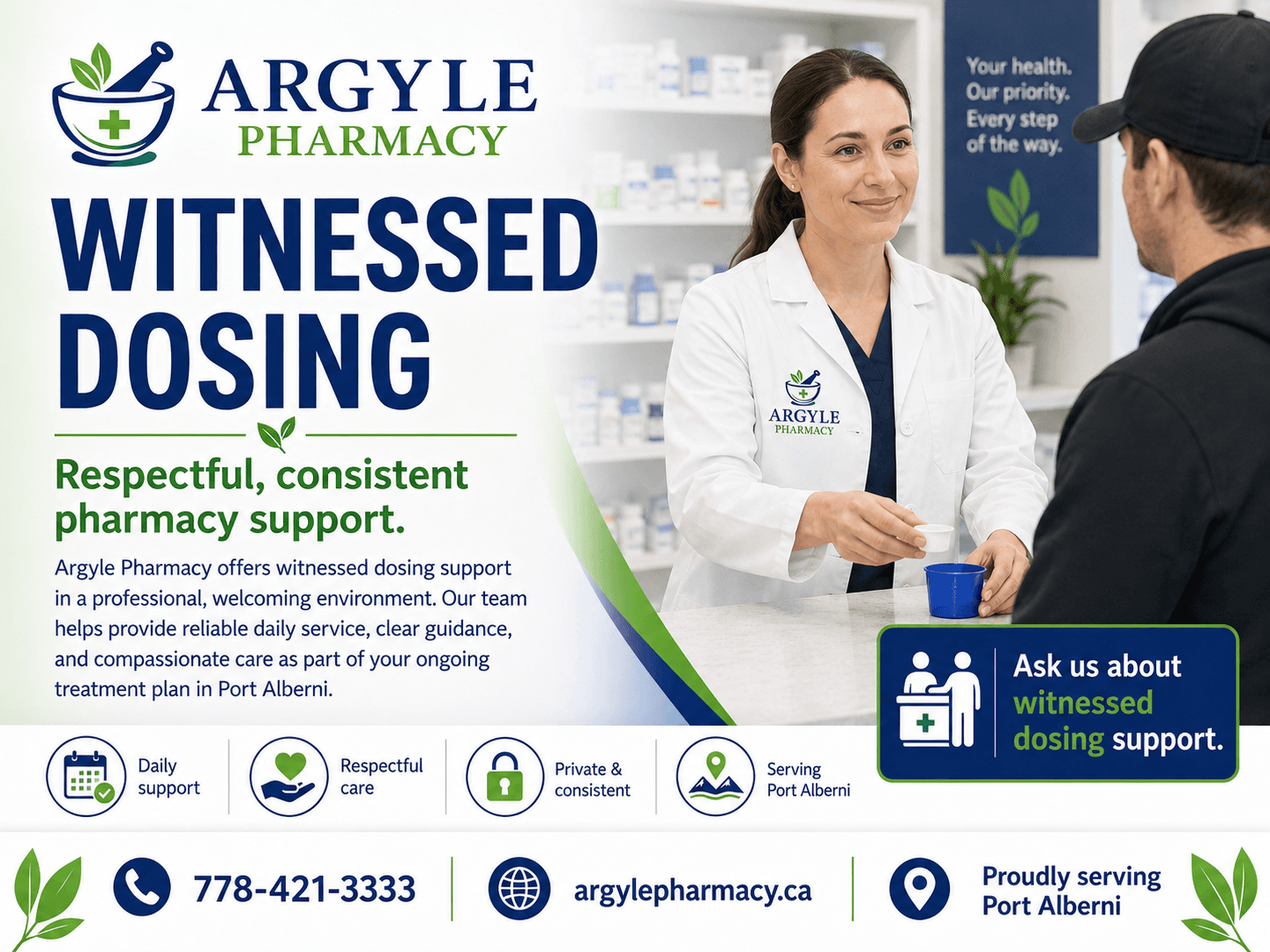Witnessed dosing seven days a week at Argyle Pharmacy in Port Alberni, BC