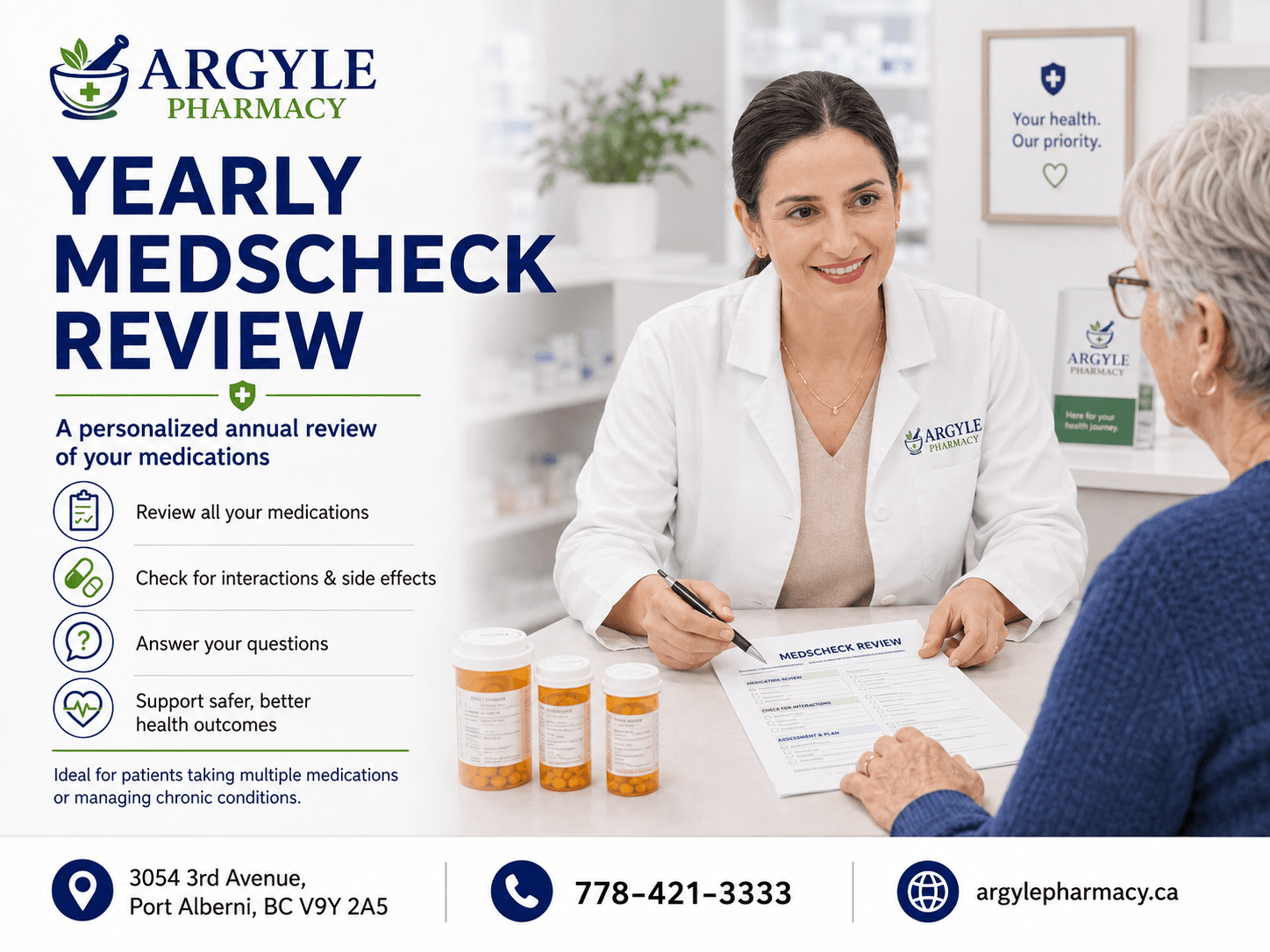 Yearly medication review with a pharmacist at Argyle Pharmacy, Port Alberni